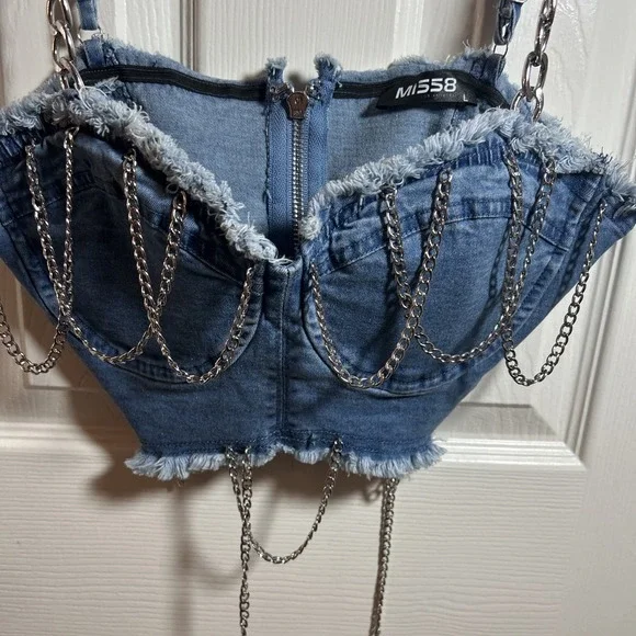 Miss 8 Blue Wash Denim Lace Up Corset L Chains Stretch Zip Back - Picture 2 of 7